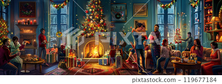 A festive scene of a Christmas party in a warmly decorated living room, where people laugh, exchange gifts, and celebrate with delicious holiday foods 119677184