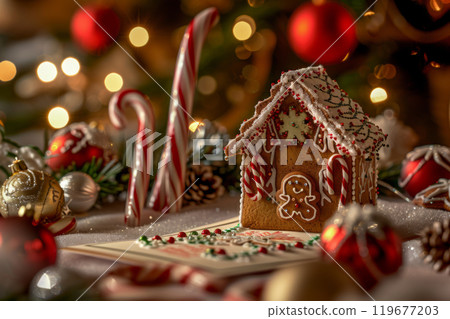 A detailed and elaborate Christmas gingerbread house adorned with intricate icing, candy canes, gumdrops, and chocolate roof tiles in a festive holiday scene A detailed and elaborate Christmas gingerbread house adorned with intricate icing, candy canes, gumdrops, and chocolate roof tiles in a festive holiday scene 119677203