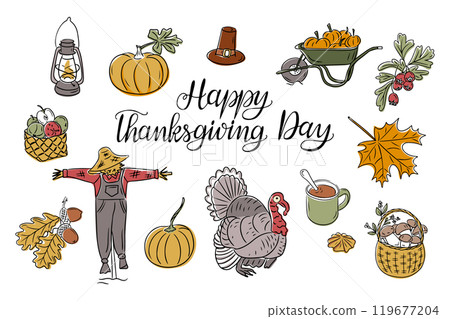 Thanksgiving colorful doodles set with text 119677204