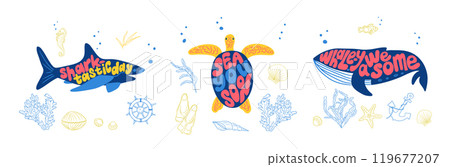 Illustrative sea life typography with ocean items 119677207