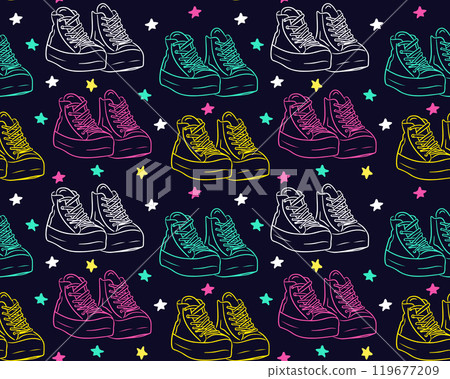Neon colored retro 90s pattern with sneakers Neon colored retro 90s pattern with sneakers 119677209