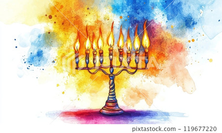 Watercolor illustration of Hanukkah menorah Watercolor illustration of Hanukkah menorah 119677220