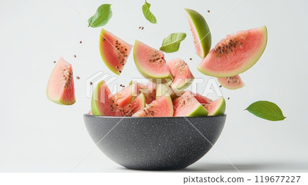 Slices of fresh guava falling into a bowl 119677227