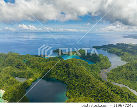 View of Tropical island with lagoons. Bucas Grande Island. Socorro, Surigao del Norte. Mindanao, Philippines View of Tropical island with lagoons. Bucas Grande Island. Socorro, Surigao del Norte. Mindanao, Philippines 119677242