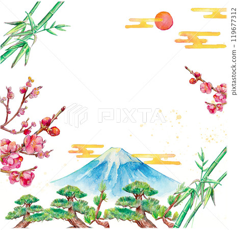 Watercolor background of pine, bamboo, plum and Mt. Fuji 119677312