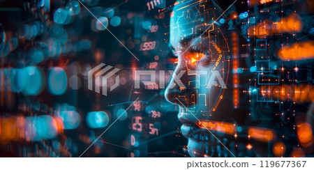 A person interacts with digital interfaces displaying complex financial data and technology related graphics 119677367