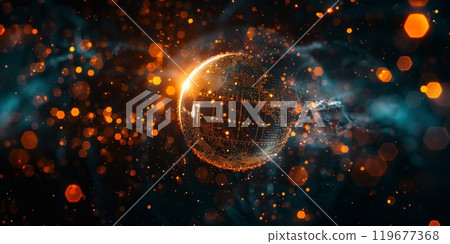 A dynamic visualization of a global fintech network showcases interconnected elements with glowing particles representing technological advancement 119677368