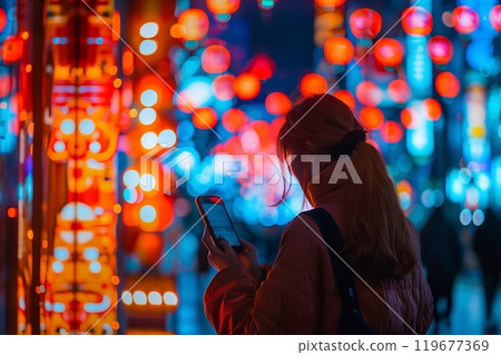 A young woman checks her smartphone while illuminated lanterns create a colorful backdrop in a lively urban setting at night 119677369