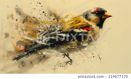 A goldfinch rests elegantly with its bright yellow and black plumage, surrounded by colorful brushstrokes creating a lively backdrop 119677370