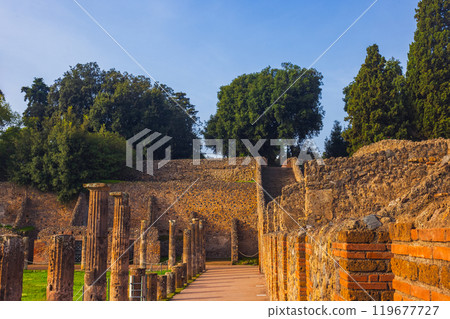 Ancient ruins of Pompei surrounded by lush greenery near Vesuvius volcano 119677727