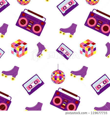 Retro elements, cassette tapes, roller skates, boomboxes pattern in purple tones in a modern, flat style for party invitations, graphic design, badges and templates. Vector illustration 119677735
