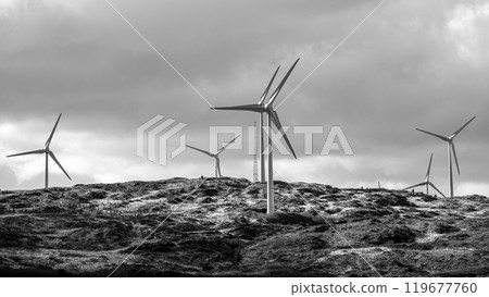 The wind turbines are a visible reminder of our responsibility to protect the environment. 119677760