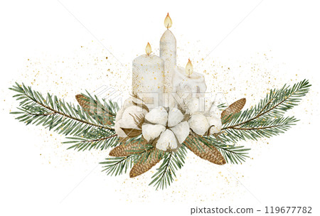Christmas candles with Fir tree Branches, pine cones and cotton balls. Watercolor illustration of candlelight with evergreen coniferous twigs for New Year greeting cards or holiday party invitations. Christmas candles with Fir tree Branches, pine cones and cotton balls. Watercolor illustration of candlelight with evergreen coniferous twigs for New Year greeting cards or holiday party invitations. 119677782