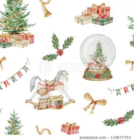 Christmas watercolor seamless Pattern with vintage baby toys and presents. Xmas background with rocking horse and spruce tree for wrapping paper or New Year banner. Illustration with gift boxes. Christmas watercolor seamless Pattern with vintage baby toys and presents. Xmas background with rocking horse and spruce tree for wrapping paper or New Year banner. Illustration with gift boxes. 119677783