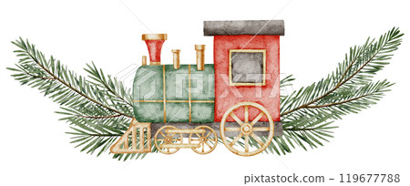 Vintage Train with spruce branches. Watercolor illustration of retro baby Toy and fir twigs for Christmas childish greeting cards or New Year invitations. Drawing of childish locomotive for postcards. Vintage Train with spruce branches. Watercolor illustration of retro baby Toy and fir twigs for Christmas childish greeting cards or New Year invitations. Drawing of childish locomotive for postcards. 119677788