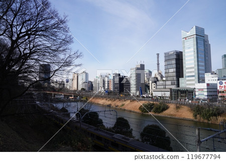 Tokyo's Sotobori street, seen from Sotobori Park in Ichigaya, Shinjuku Ward; Tokyo's Sotobori street, seen from Sotobori Park in Ichigaya, Shinjuku Ward; 119677794