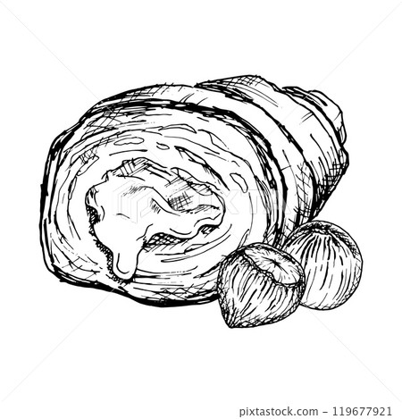 A detailed hand drawn vector illustration of croissant with hazelnuts. Black and white sketch showcasing the flaky texture and nut filling. Ideal for bakery, food packaging or culinary design projects 119677921