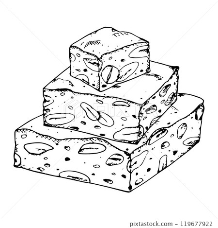Hand drawn vector illustration of stacked nougat pieces with visible almonds and nuts. Traditional Christmas sweet turron. Ideal for dessert menus, confectionery packaging and holiday-themed designs 119677922