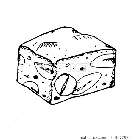 Hand drawn vector illustration of stacked nougat pieces with visible almonds and nuts. Traditional Christmas sweet turron. Ideal for dessert menus, confectionery packaging and holiday-themed designs 119677924