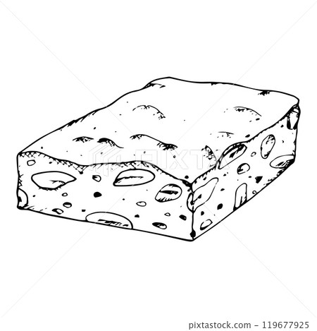 Hand drawn vector illustration of stacked nougat pieces with visible almonds and nuts. Traditional Christmas sweet turron. Ideal for dessert menus, confectionery packaging and holiday-themed designs 119677925