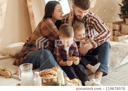 Mother, father and two their sons sitting near Christmas tree. Boys with parents eating cookies with chocolate together. Woman, man and two boys wearing plaid shirts. 119678078