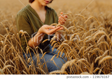 Young woman farmer walking across field and running her hand through golden ears of wheat harvest. Young woman farmer walking across field and running her hand through golden ears of wheat harvest. 119678167
