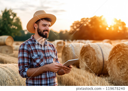 A young farmer in a straw hat using a tablet in a sunlit field with hay bales, embracing technology in agriculture. A young farmer in a straw hat using a tablet in a sunlit field with hay bales, embracing technology in agriculture. 119678240