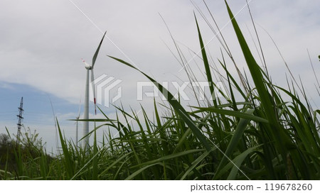 Wind generator and power transmission lines overlapped by grass, trees and vegetation against the sky and clouds. 119678260