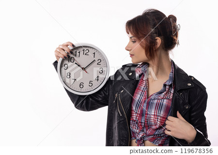 Time Management A Fashionable Woman with a Clock in a Stylish Portrait and Elegant Attire 119678356