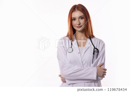 A Confident Female Doctor in a Medical Coat Accompanied by a Stethoscope, Ready to Care 119678434