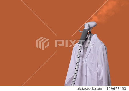 Steam Iron with Clothing on a Bright Orange Background, Showcasing WrinkleFree Apparel Status 119678460