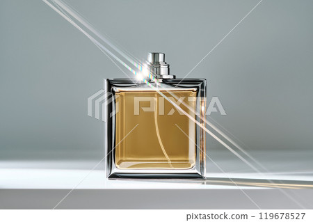 A bottle of yellow perfume with a beautiful highlight. 119678527
