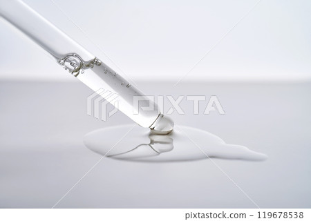Dropper pipette with delicious serum with drop close-up. Dropper pipette with delicious serum with drop close-up. 119678538