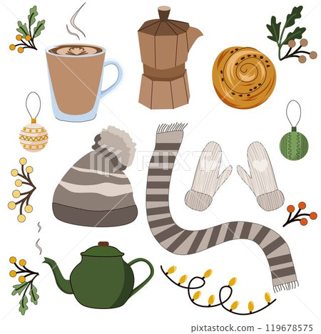 Set with cozy winter elements. Season elements collection. Scandinavian hygge set with warm, cozy winter elements isolated on white background. 119678575