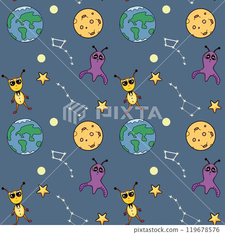 Seamless galaxy childish pattern with funny aliens, constellation of the big and little bears, stars, planets. Monsters in space. For children's textiles, wrapping paper, fabric, nursery, wall, cover 119678576