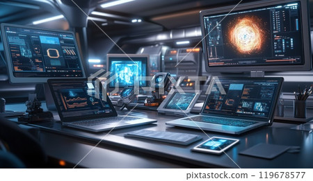 Futuristic Collaborative Workspace including Innovative AI Driven Laptops and Holographic Displays that Create Stunning Art and Designs in Real Time by themselves, generative ai 119678577