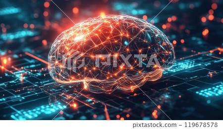 Futuristic Digital Brain using Artificial Intelligence Showcasing Intricate Neural Connections and Circuitry in a High Tech Environment Illuminated by Pulsating Light, generative ai Futuristic Digital Brain using Artificial Intelligence Showcasing Intricate Neural Connections and Circuitry in a High Tech Environment Illuminated by Pulsating Light, generative ai 119678578