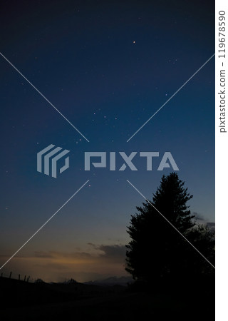 Majestic night sky with stars over a tranquil forest landscape Majestic night sky with stars over a tranquil forest landscape 119678590