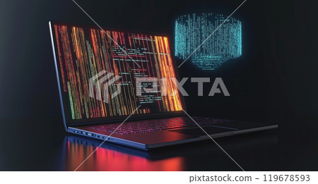 AI Powered Laptop Experience with Real Time Code Generation with Dynamic Holographic Projections Merging Technology and Innovation in a Digital Workspace, generative ai 119678593