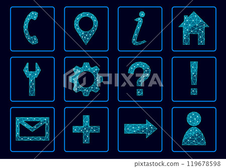 Website collection icon set. Business symbols phone, settings, contacts, arrows, pointer maps, ask form. Low poly polygonal blue web online market customer vector illustration 119678598