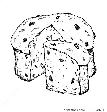 Hand drawn ink vector illustration of traditional Italian Christmas pastry Panettone. Sketchy style clip art of festive raisin pie suitable for New Year print, bakery packaging, pastry shop, cafe menu 119678611