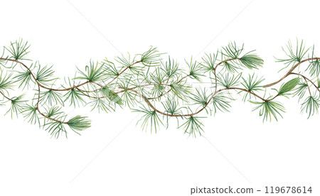 European Larch branches watercolor horizontal seamless banner. Christmas pine tree twig with needles. Coniferous evergreen for winter theme, Xmas and New Year textile, package 119678614