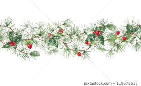 Green pine branches with red berries watercolor horizontal seamless banner. Evergreen branch with St Johns wort berry, Holly berries Xmas illustration for holiday decor, textile, package 119678615