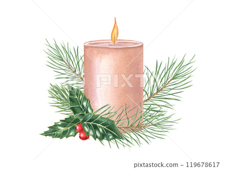Christmas burning candle with red holly berries and green fir branches watercolor illustration. Paraffin wax candle with winter evergreen for New Year holiday greeting cards in vintage style 119678617