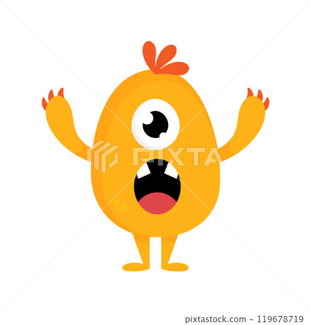 Cute cartoon monster. Funny yellow cyclops creature in childish style with big mouth and tooth. Vector illustration Cute cartoon monster. Funny yellow cyclops creature in childish style with big mouth and tooth. Vector illustration 119678719