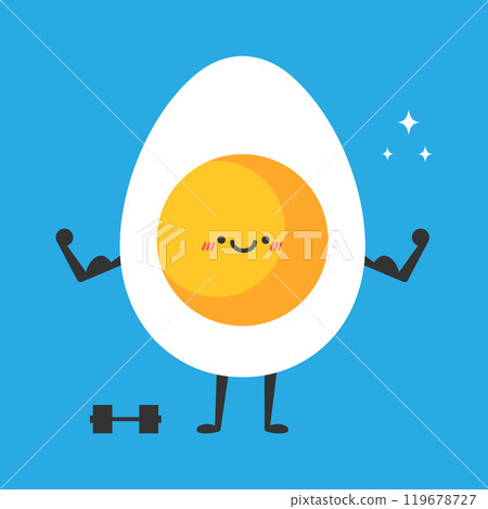Strong cartoon egg showing muscles. Funny egg mascot in a gym. Vector illustration Strong cartoon egg showing muscles. Funny egg mascot in a gym. Vector illustration 119678727