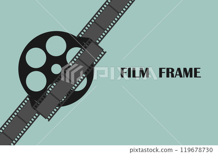 Film frame background with film reel wrapped in long film strip. Movie film concept. Retro style. Vector illustration Film frame background with film reel wrapped in long film strip. Movie film concept. Retro style. Vector illustration 119678730