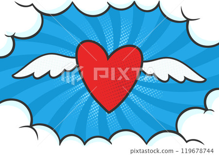 Red heart with white wings on sky background. Angel heart in pop art style. Vector illustration Red heart with white wings on sky background. Angel heart in pop art style. Vector illustration 119678744