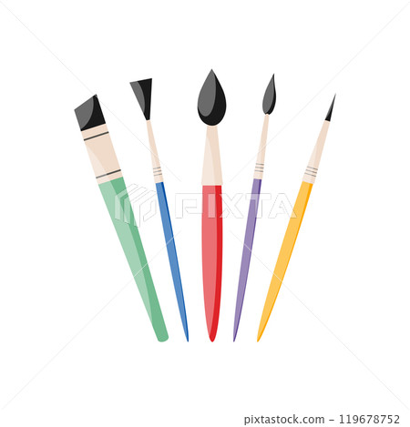 Set of colored paint brushes of different shapes. Drawing tools icons. Painting supplement. Vector illustration 119678752