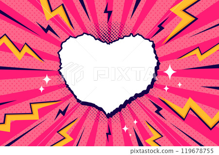 Bright pop art comic cover with zigzag thunder lightnings, rays and dots. Retro style dynamic background with empty torn paper heart shape for text Bright pop art comic cover with zigzag thunder lightnings, rays and dots. Retro style dynamic background with empty torn paper heart shape for text 119678755